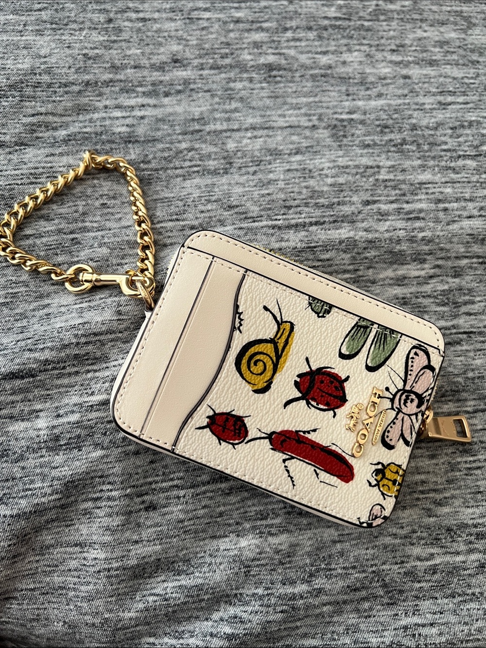 Coach Cream Printed Mini Card Case with Gold Chain